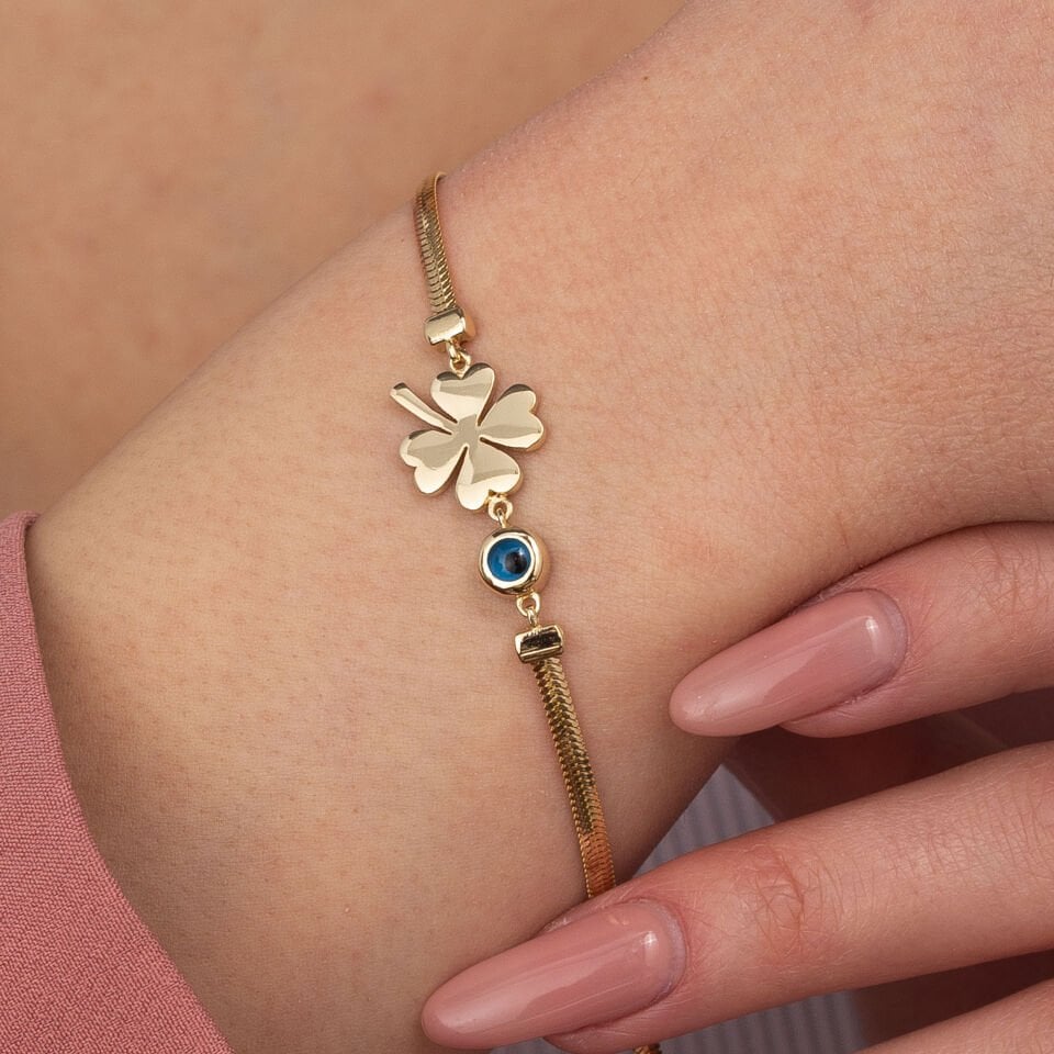 Göz Boncuk Detay Yonca Kalp Altın Bileklik