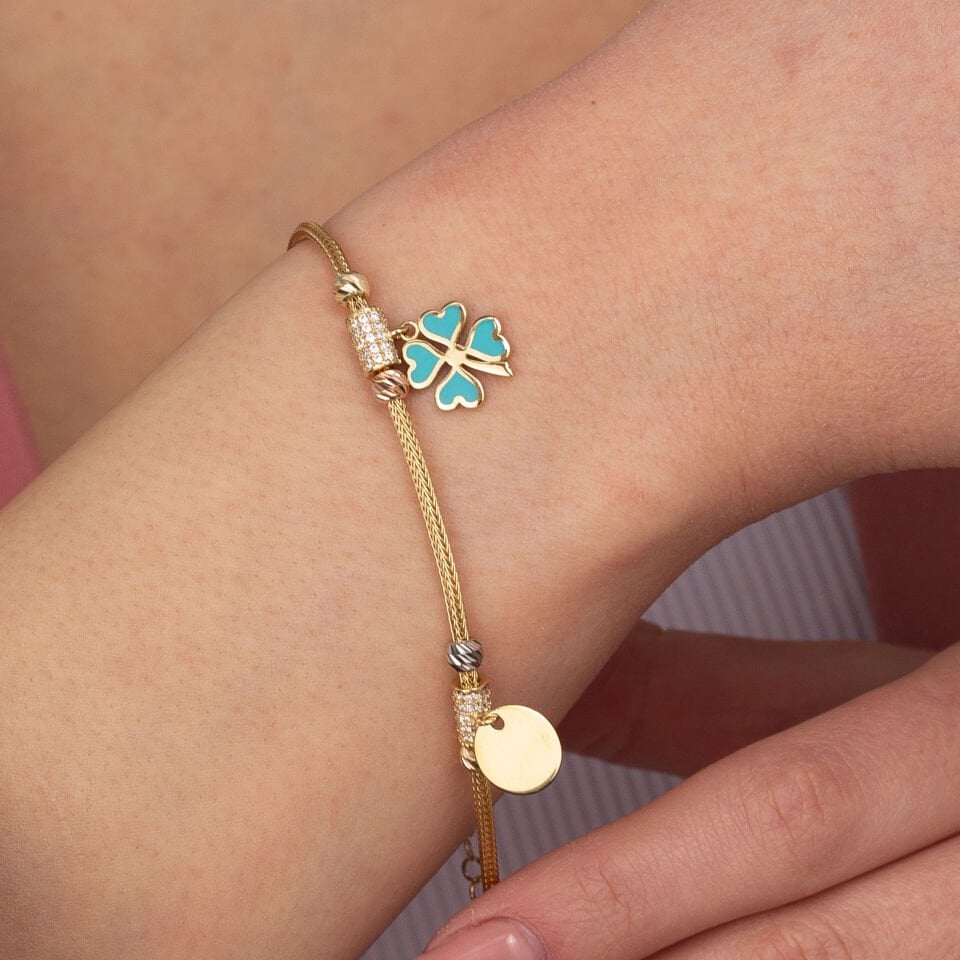 Mineli Kalp Yonca Altın Bileklik