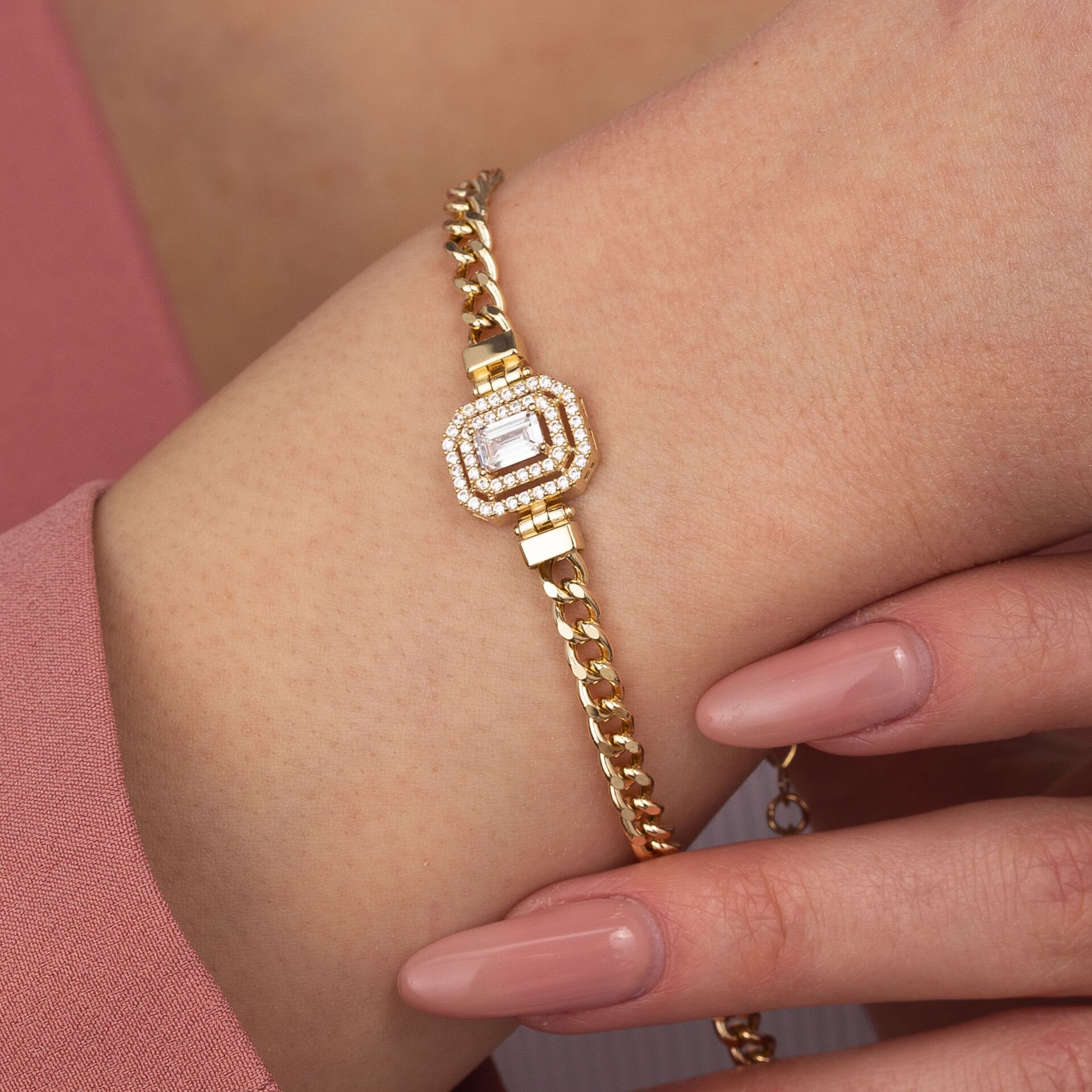 Baget Taşlı Zincir Altın Bileklik