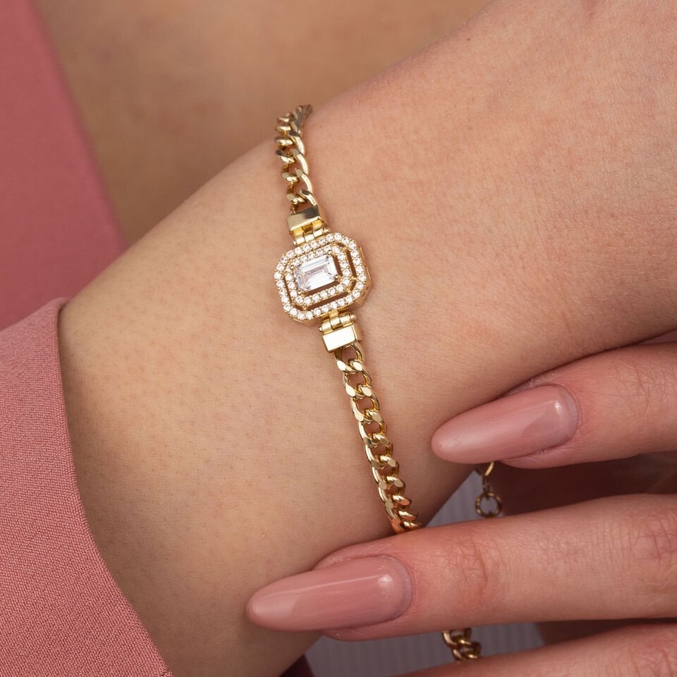 Baget Taşlı Zincir Altın Bileklik