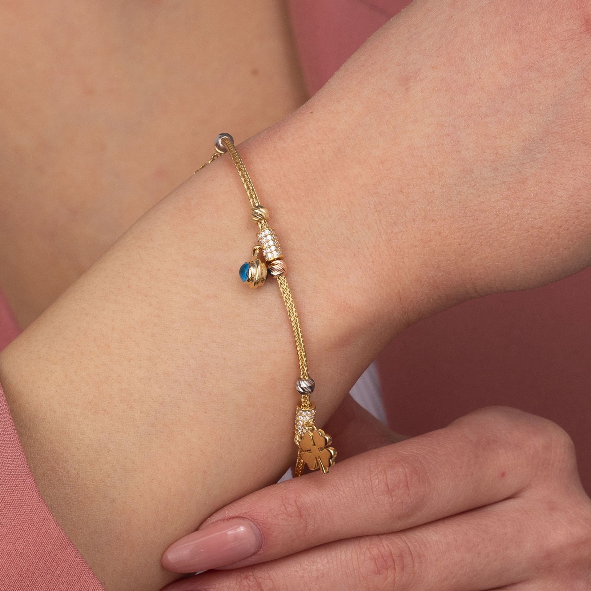 Göz Boncuklu Kalp Yonca Altın Bileklik